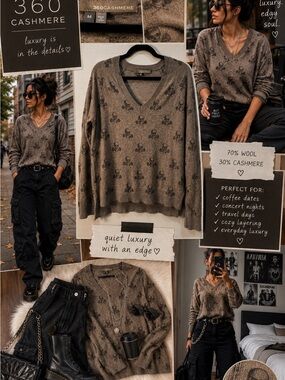 360 Cashmere Sweater Medium Taupe Brown Skull Wool Cashmere V Neck Goth Y2K